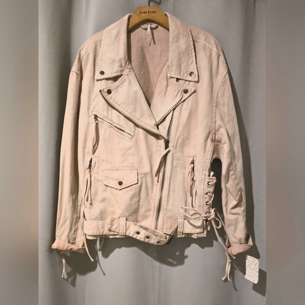 Free People  Oversized Denim Moto Lace Up Jacket - Picture 3 of 5